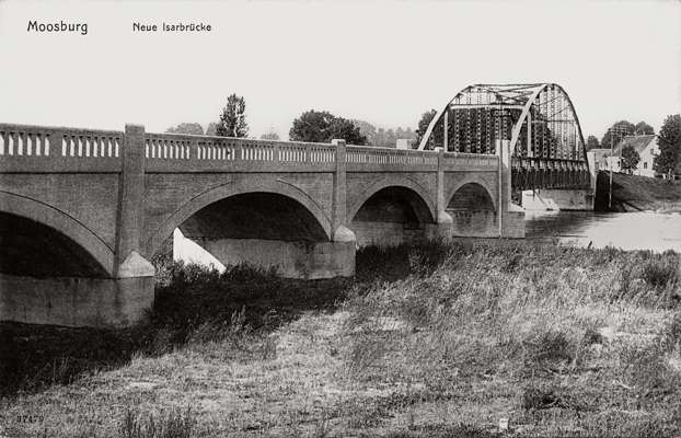 Moosburg mit der neuen Isarbr�cke, Postkarte 1909