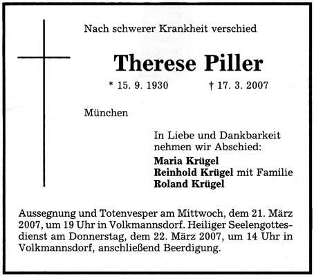 Todesanzeige Therese Piller, *1930 †2007