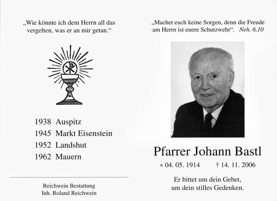 Sterbebildchen Pfarrer Johann Bastl, *1914 †2006