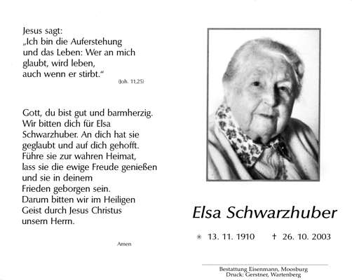 Sterbebildchen Elsa Schwarzhuber, *1910 †2003