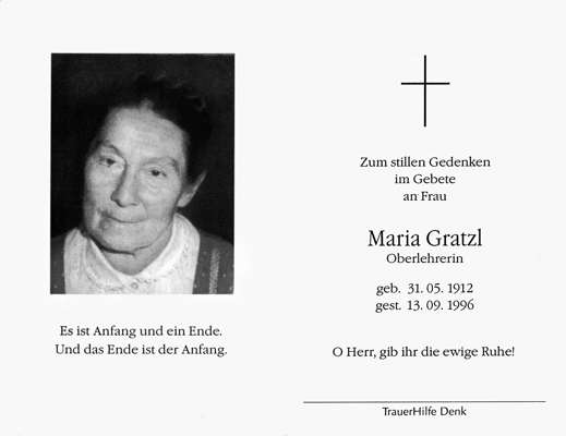 Sterbebildchen Maria Gratzl, *1924 †1996