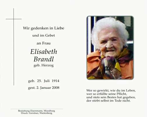 Sterbebildchen Elisabeth Brandl, *1914 †2008