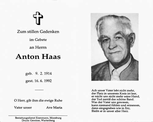 Sterbebildchen Anton Haas, *1914 †1992