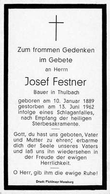 Sterbebildchen Josef Festner, *1889 †1962