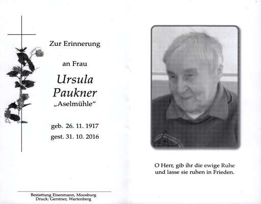 Sterbebildchen Ursula Paukner, *1917 †2016