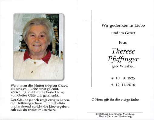 Sterbebildchen Therese Pfaffinger, *1925 †2016