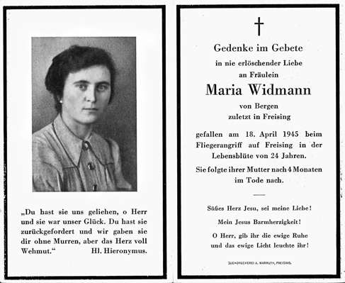 Sterbebildchen Maria Widmann, *1921 †1945
