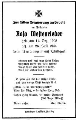 Sterbebildchen Rosa Westenrieder, *1908 †1944