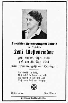 Sterbebildchen Leni Westenrieder, *1905 †1944