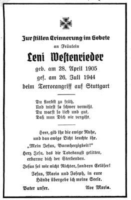 Sterbebildchen Leni Westenrieder, *1905 †1944