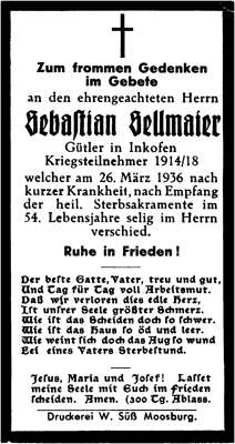 Sterbebildchen Sebastian Sellmaier, *1882 †1936