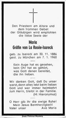 Sterbebildchen Maria Grfin von La Rose-Isareck, *1886 †1960