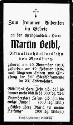 Sterbebildchen Martin Beibl, *1913 †1936