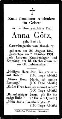 Sterbebildchen Anna Gtz, *1852 †1931
