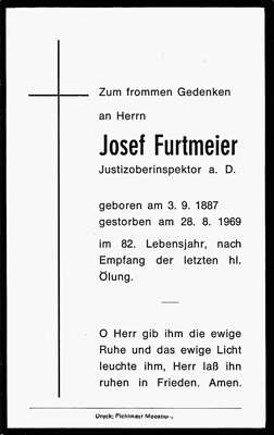 Sterbebildchen Josef Furtmeier, *1887 †1969