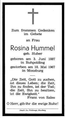 Sterbebildchen Rosina Hummel, *1887 †1967