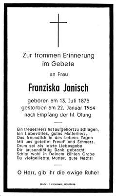 Sterbebildchen Franziska Janisch, *1875 †1964