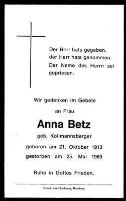 Sterbebildchen Anna Betz, *1913 †1969