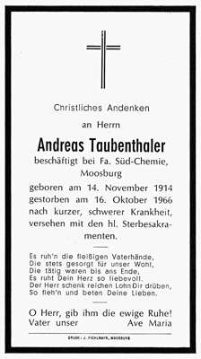 Sterbebildchen Andreas Taubenthaler, *1814 †1966