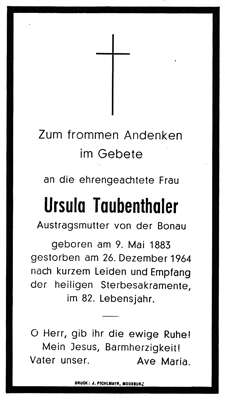 Sterbebildchen Ursula Taubenthaler, *1883 †1964