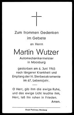 Sterbebildchen Martin Wutzer, *1898 †1965