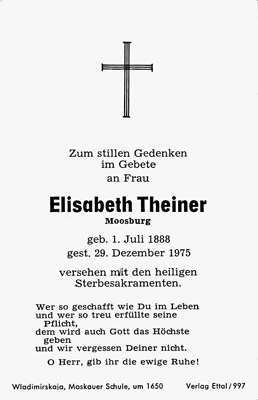 Sterbebildchen Elisabeth Theiner, *01.07.1888 †29.12.1975