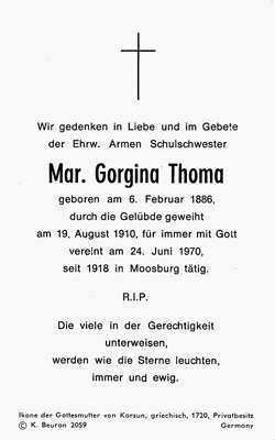 Sterbebildchen Mar. Gorgina Thoma, *1886 †1970