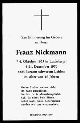 Sterbebildchen Franz Nickmann, *1925 †1970