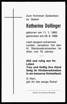 Sterbebildchen Katharina Dollinger, *1893 †1969