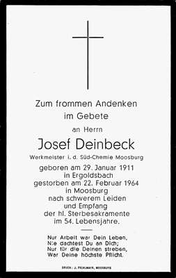 Sterbebildchen Josef Deinbeck, *1911 †1964