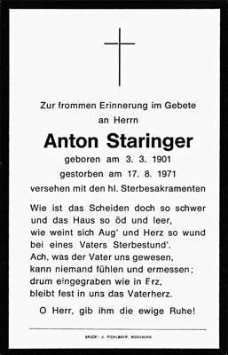 Sterbebildchen Anton Staringer, *1901 †1971