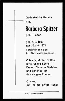 Sterbebildchen Barbara Spitzer, *1896 †1971