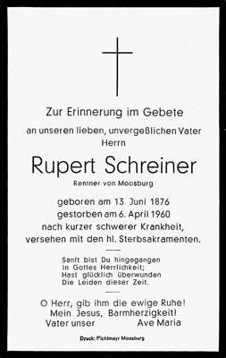 Sterbebildchen Rupert Schreiner, *1876 †1960