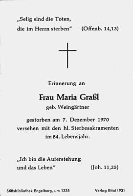 Sterbebildchen Maria Gral, *1886 †1970