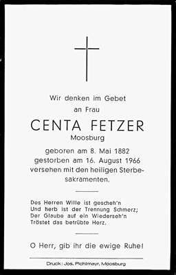 Sterbebildchen Centa Fetzer, *1882 †1966