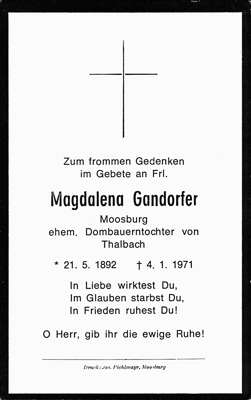 Sterbebildchen Magdalena Gandorfer, *1892 †1971