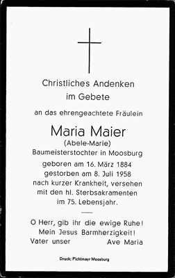Sterbebildchen Maria Maier, *1884 †1958