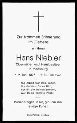 Sterbebildchen Hans Niebler, *1877 †1961