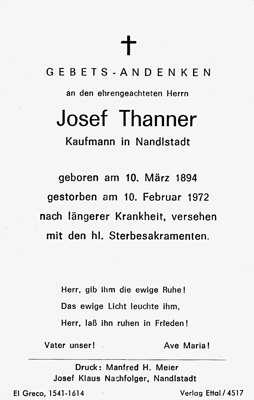 Sterbebildchen Josef Thanner, *10.03.1894 †10.02.1972