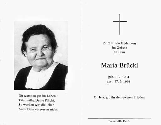 Sterbebildchen Maria Brckl, *1904 †1993