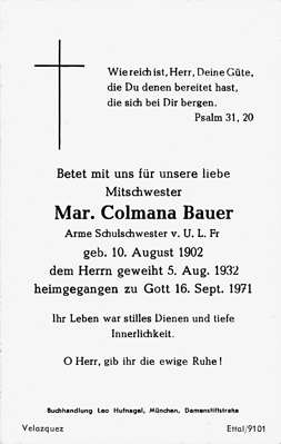 Sterbebildchen Mar. Colmana Bauer, *1902 †1971
