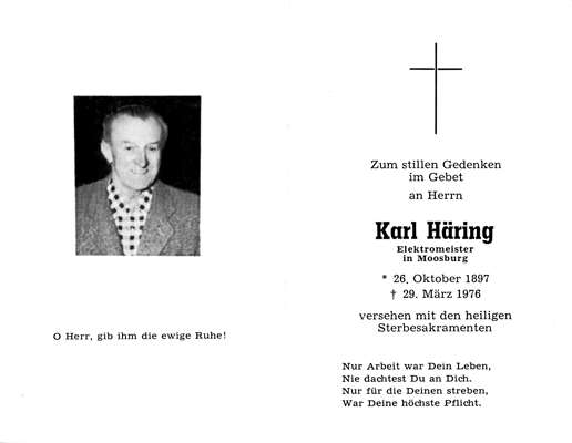 Sterbebildchen Karl Hring, *26.10.1897 †29.03.1976