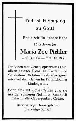 Sterbebildchen Maria Zoe Pichler, *1814 †1966