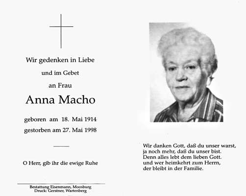 Sterbebildchen Anna Macho, *1914 †1998