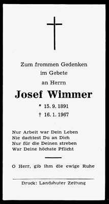 Sterbebildchen Josef Wimmer, *1891 †1967