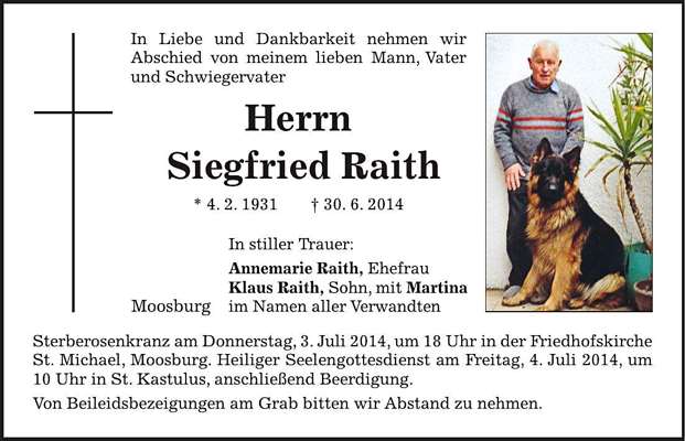 Todesanzeige Siegfried Raith, *1931 †2014