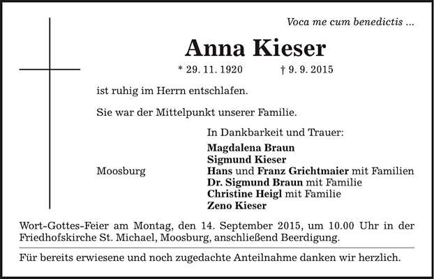 Todesanzeige Anna Kieser, *1920 †2015