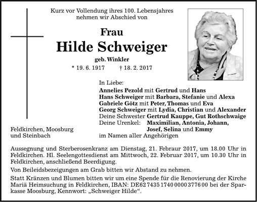 Todesanzeige Hilde Schweiger, *1917 †2017