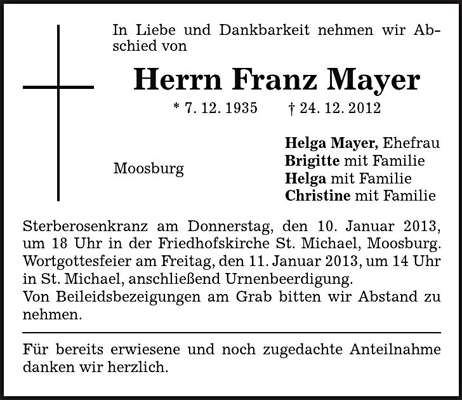 Todesanzeige Franz Mayer, *1935 †2012