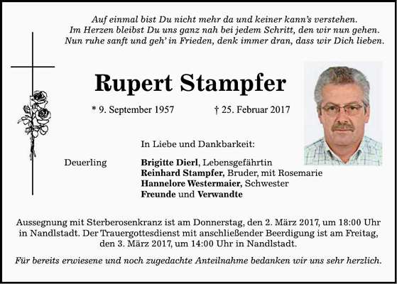 Todesanzeige Rupert Stampfer, *1957 †2017
